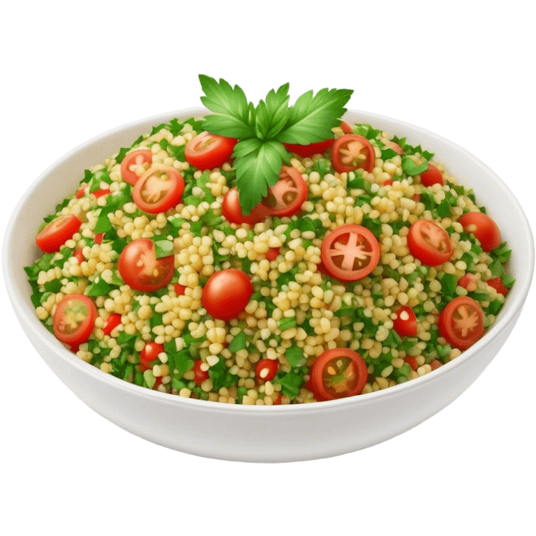 Cinematic Realistic Tabbouleh Salad Dish Emoji, showcasing a fresh herbaceous salad with bulgur, tomatoes, and parsley rendered with crisp textures and natural, vibrant lighting. emoji