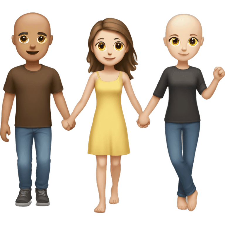 Two girls and one guy holding hands, both girls white skin, one girl brown hair, other girl no hair emoji