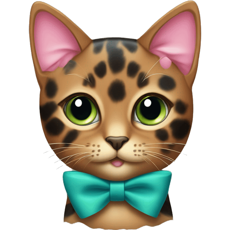 tortoiseshell cat with green-blue eyes and a pink bow collar emoji