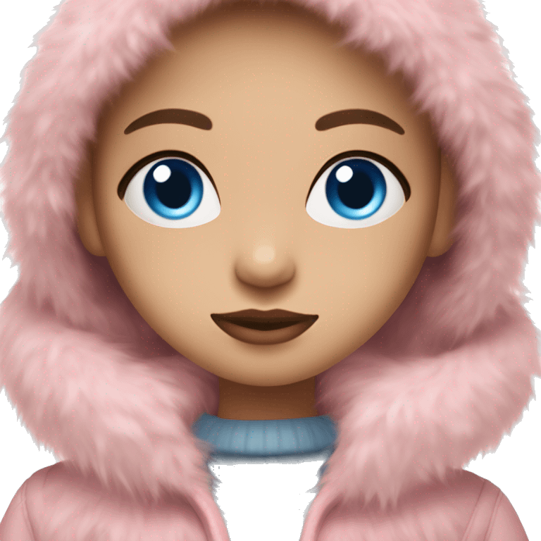 a brunette wavy hair girl with blue eyes in a pink fringe fur coat emoji