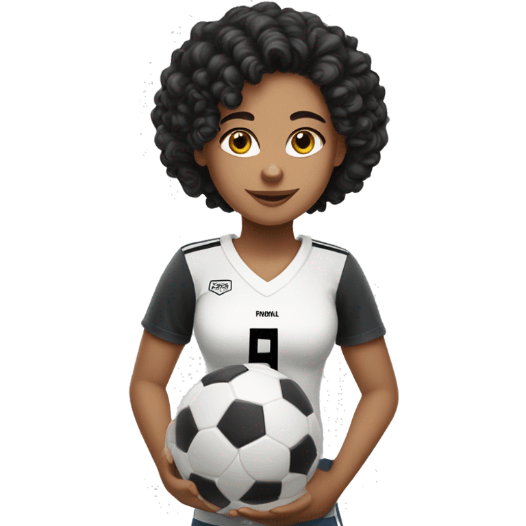 Caucasian girl with black curly hair in a football shirt with a football ball emoji