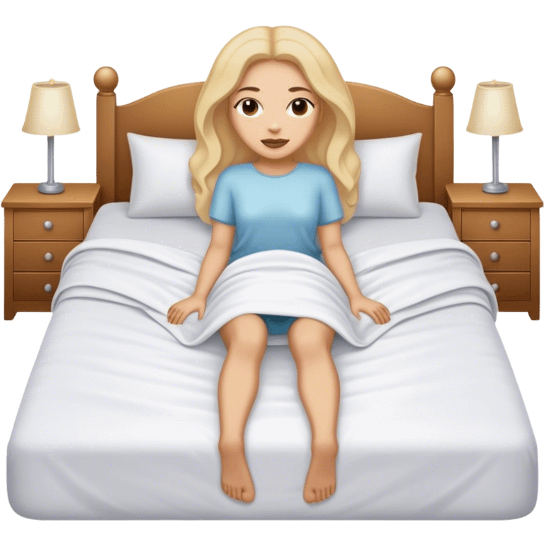 Woman laying on bed with covers over body legs out only emoji