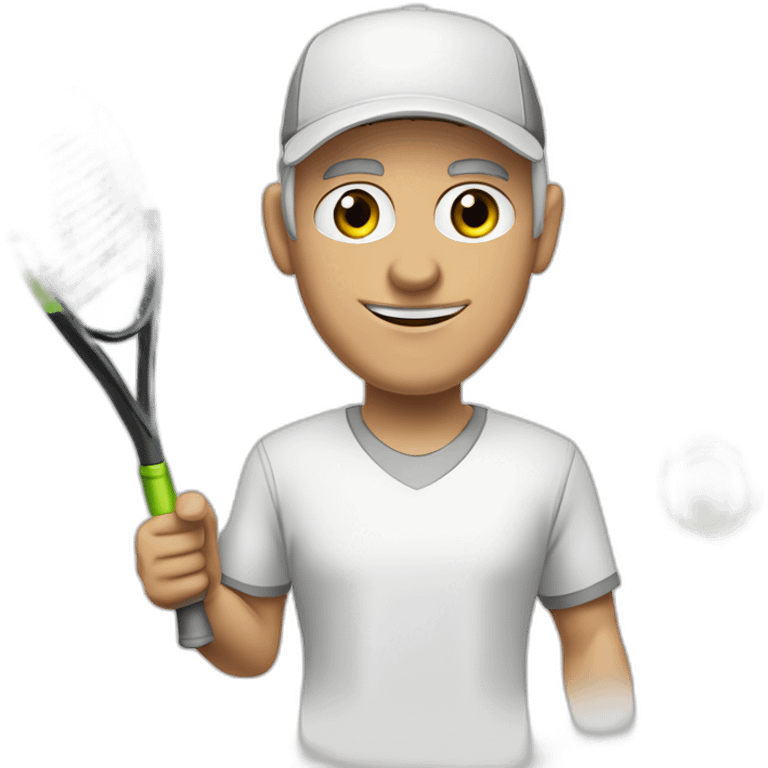 Tennisplayer green-eyed white-male in his 50s,gray-hear, gray-knob, white cap and white-shirt with tennis-raquet and tennis-ball emoji