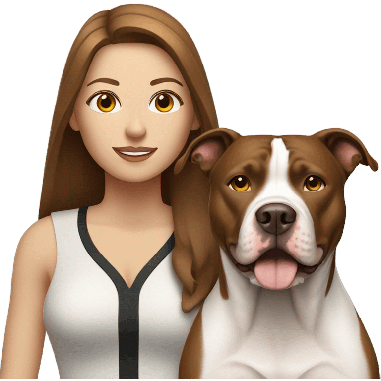 white woman with straight long brown hair standing alongside a white pitbull emoji