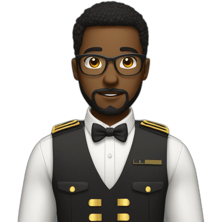 black soldier with beard, part in hair, white collared shirt, bow tie, gold glasses, bulletproof vest  emoji