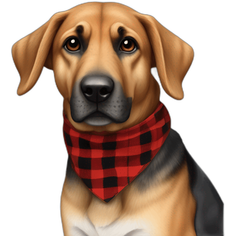 75% Coonhound 25% German Shepherd mix dog wearing small pointed red buffalo plaid bandana side view full body facing left emoji