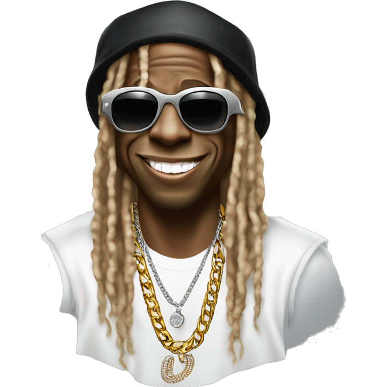 Iconic-style Candid Likeness Lil Wayne:

A laid-back icon with oversized shades, layered chains, tattoos, and a diamond-studded grill, often flashing a big, expressive smile. Cool, confident, and effortlessly stylish. a emoji