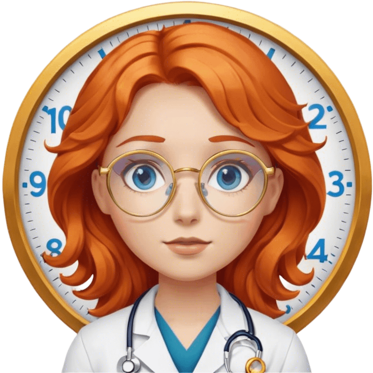 Girl doctor wavy orange red hair blue eyes in gold glasses , a clock nearby emoji