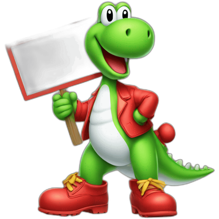 yoshi wearing red boots holding a sign  emoji