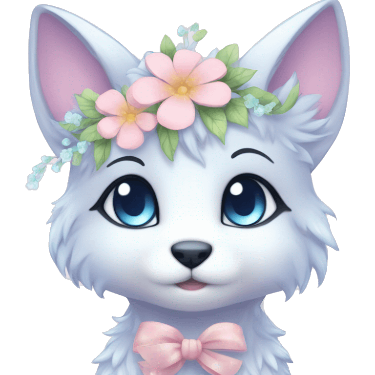 Anthro Cute Cool Blushing Pastel Innocent Shy Kawaii gorgeous sparkly ethereal fantasy animal creature with blue eyes furry sona with flowers and ribbons beautiful aesthetic emoji