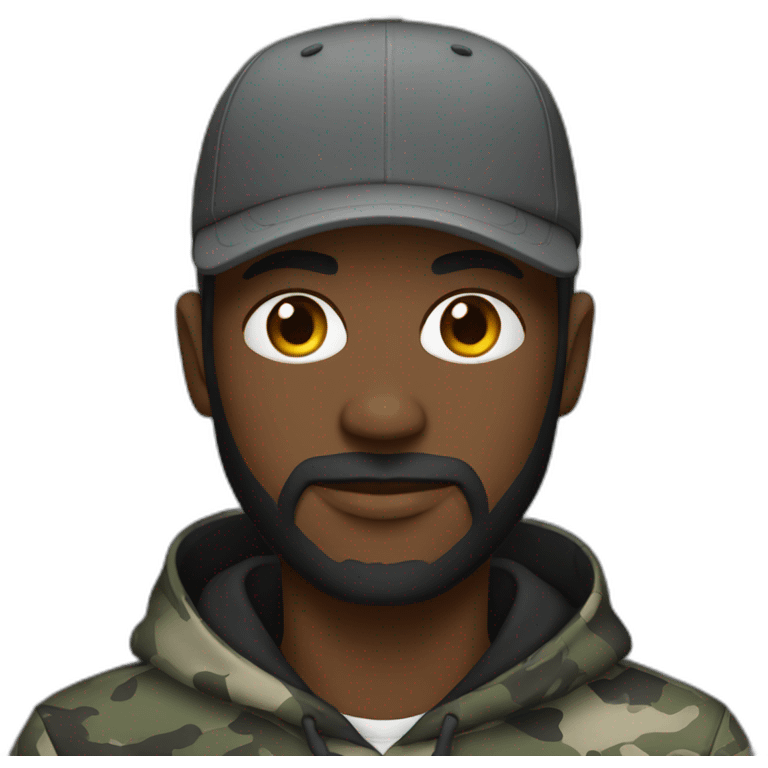 black man with a beard, gray camo hat, black pullover  hoodie emoji