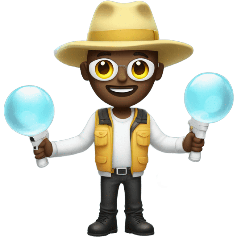 White Guy. glowing outfit and hat. bubble guns in each hand emoji