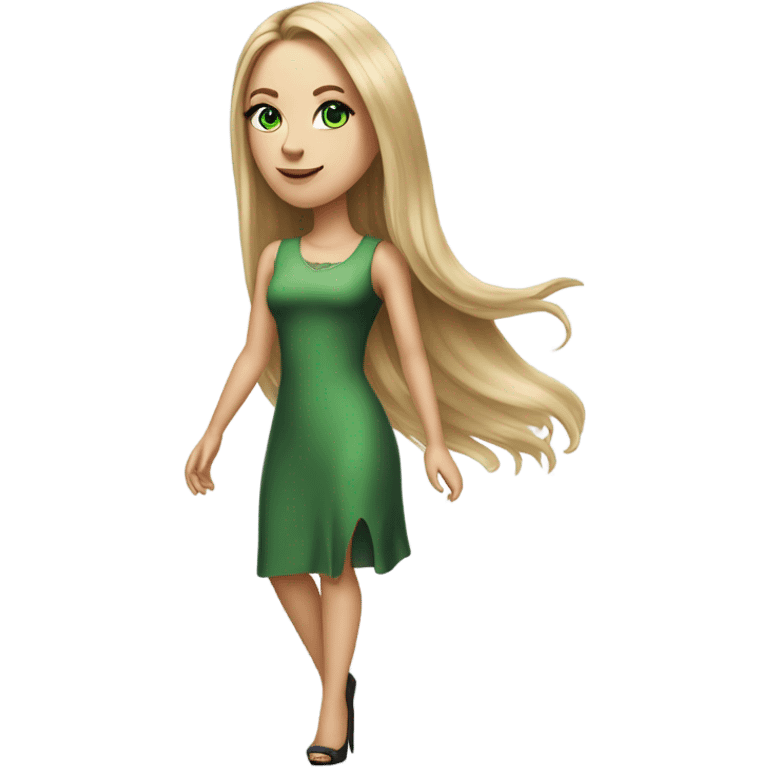 Realistic White girl with Long straight blonde hair, green eyes, tattoos, full body wearing dress and High heels , walking emoji