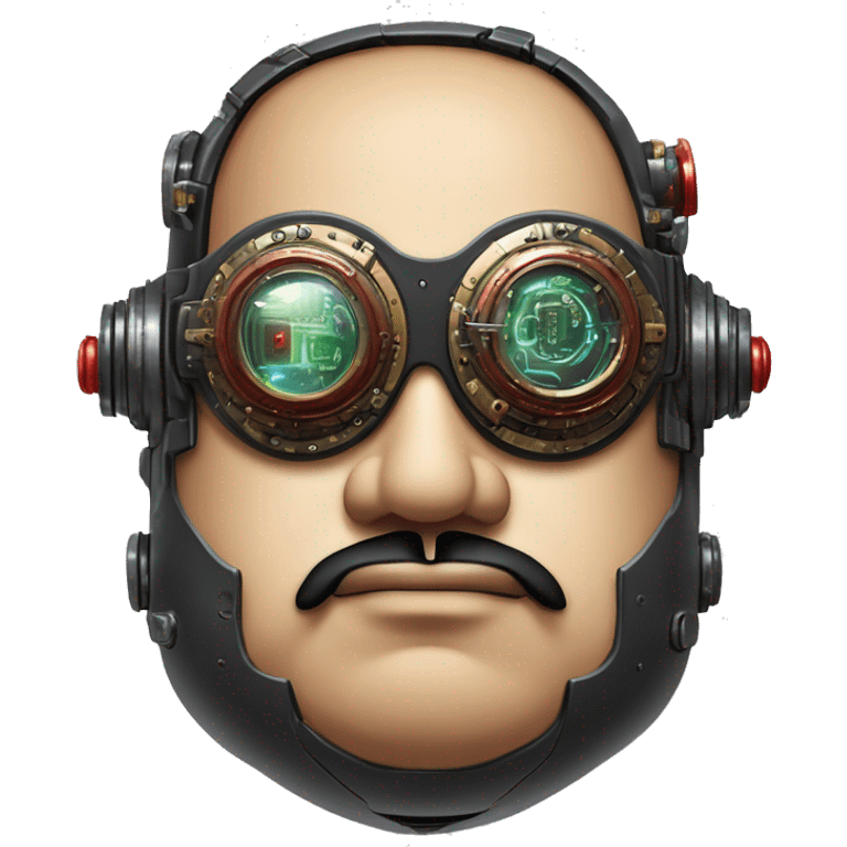 Fat cyborg head with red steampunk goggles, black goatee and circuits emoji