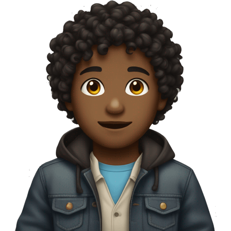 Black curly hair, brown skin, little boy emoji