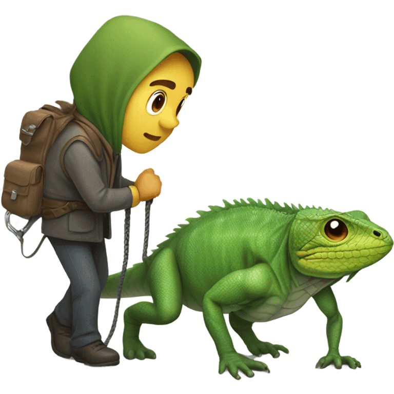 Man crawling on a leash on a walk by a lizard human emoji