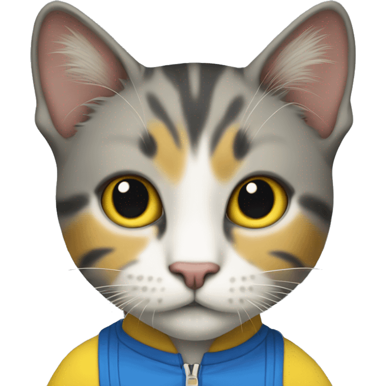 Cat wearing a blue and yellow jumpsuit. emoji