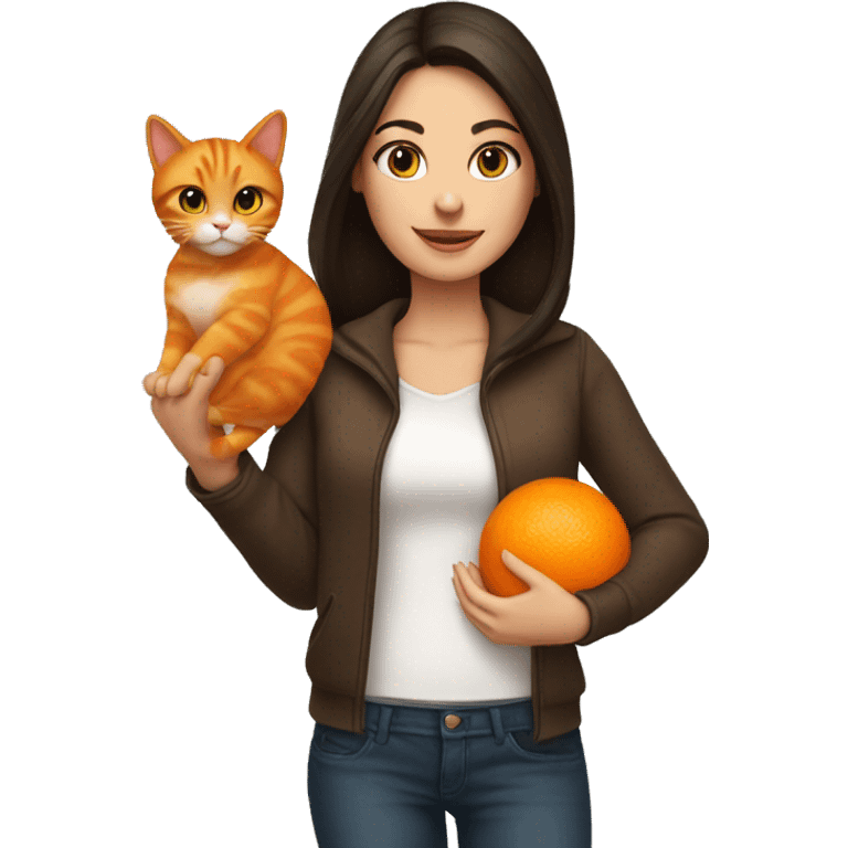 pretty brunette woman holding orange cat emoji