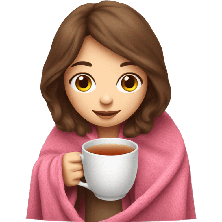 brown hair girl drinking tea with cozy pink blanket emoji