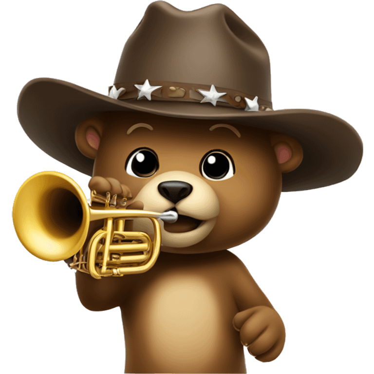 a bear wearing a cowboy hat playing the trumpet emoji