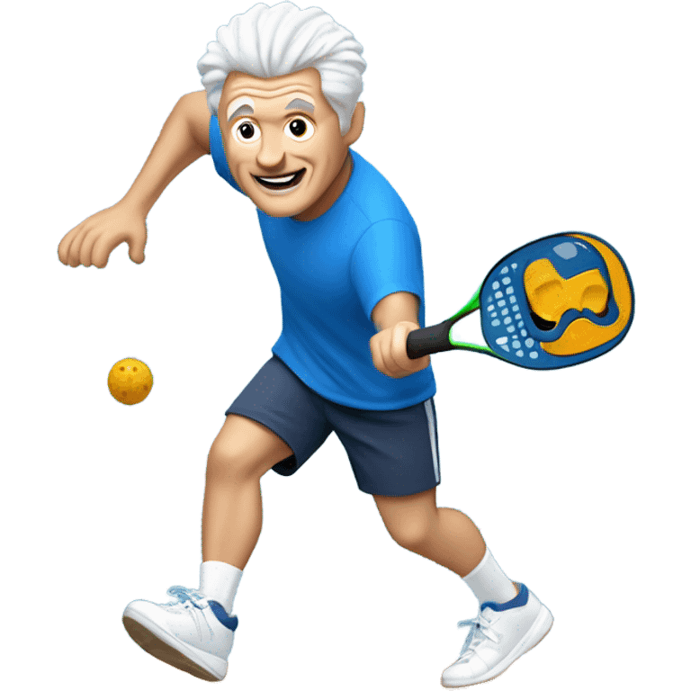 White middle aged man with salt and pepper hair with blue shorts and t shirt and white shoes playing pickleball  emoji