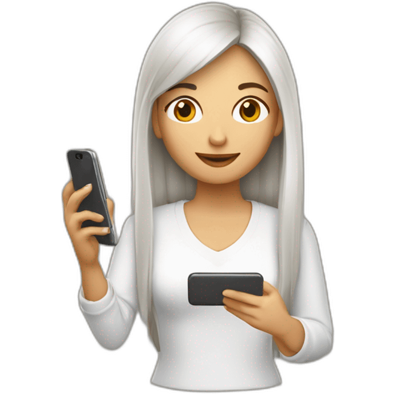 Mujer blanca  joven de pelo largo color castaño  chateando en un celular emoji