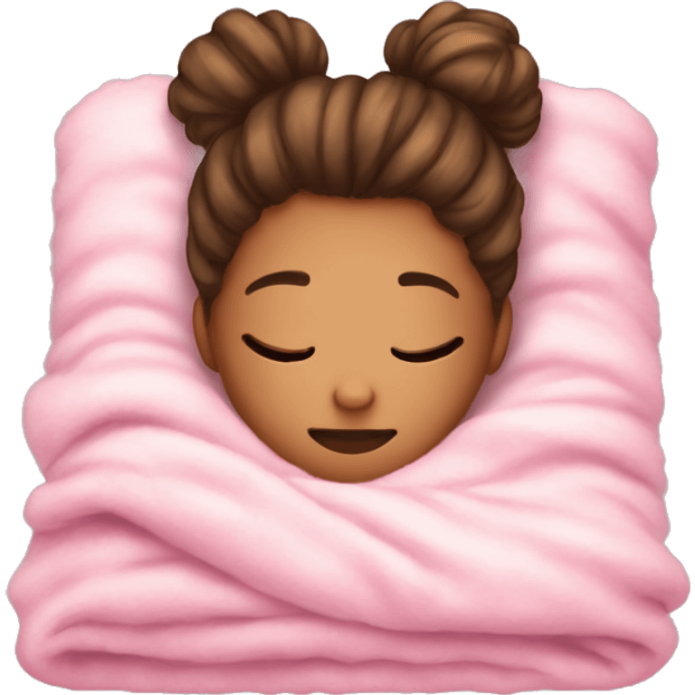 a girl with a messy bun laying in bed sleeping with a pink fuzzy blanket emoji