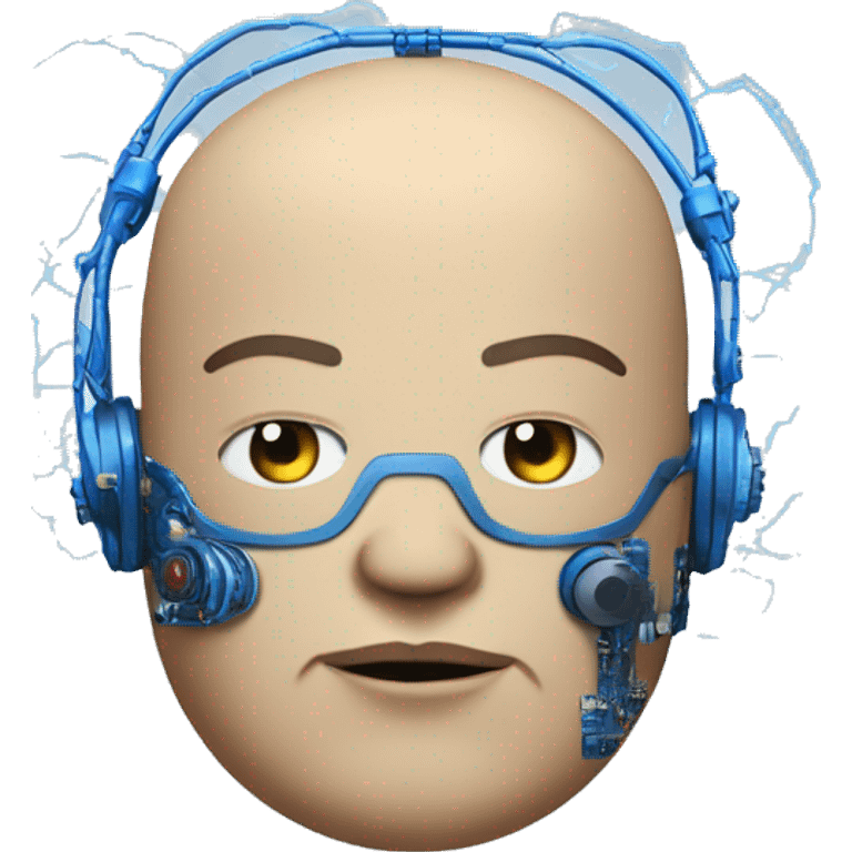 Fat bald cyborg head with tan skin, blue beard, blue goggles and circuits emoji