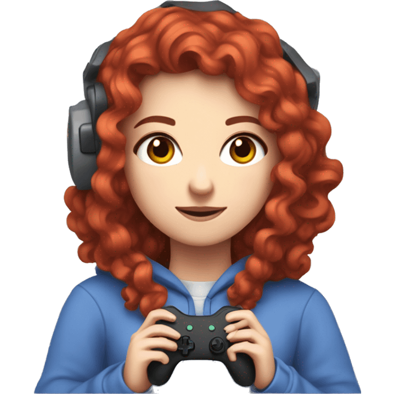 a white girl with long red curly hair, wearing periwinkle Minecraft hoodie holding a controller emoji