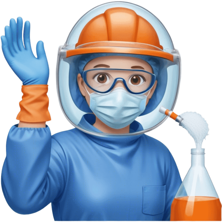 A meticulous cleanroom worker dressed in full protective gear, including a blue sterile suit, a face mask,  and orange gloves.  cleaning glasses with a wipe in one Hand emoji