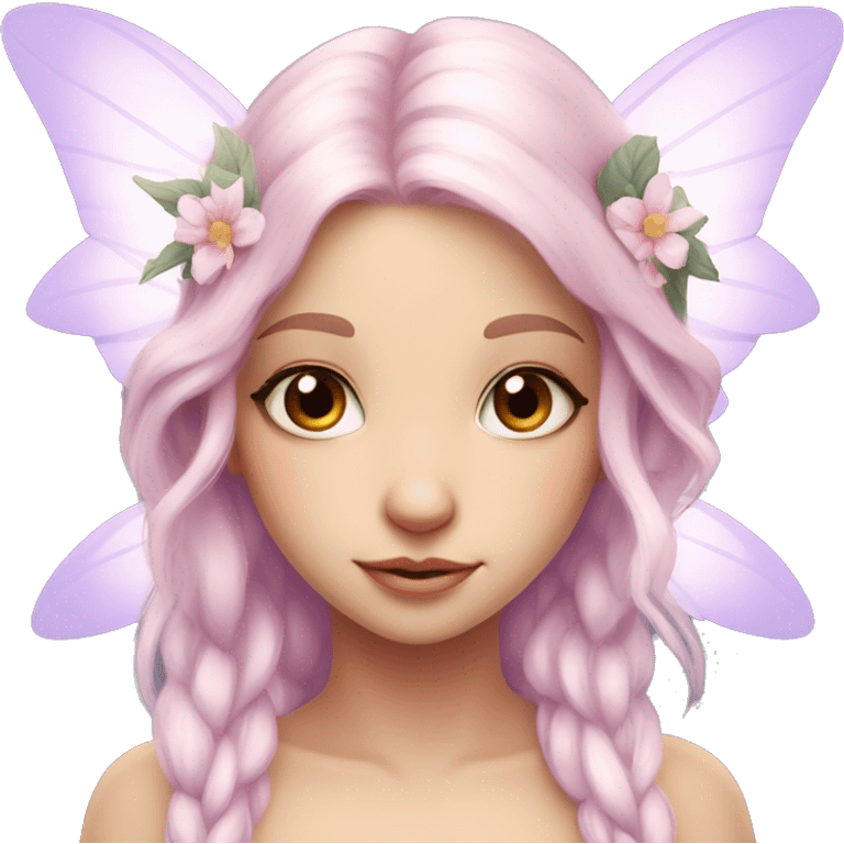 Beautiful, flower fairy, white long, light pink hair, big wings, fair skin, light violet eyes  emoji