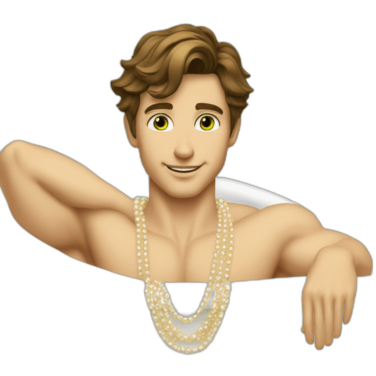 Posh-muscle-boy-brown-hair-green-eyes-pearl-necklace-in-golden-bathtub emoji