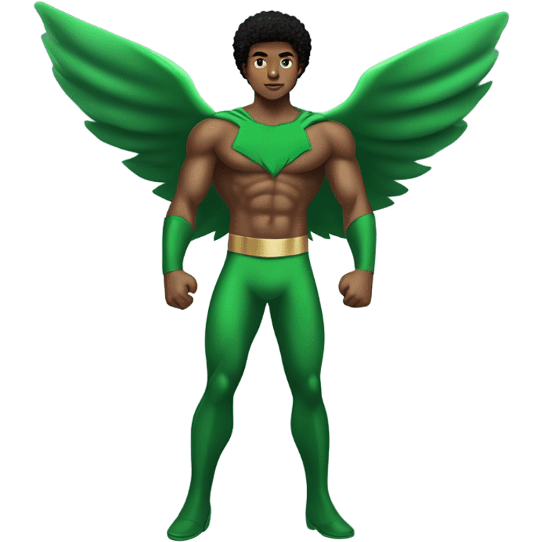 shirtless Muscular Afro teenage boy standing in a green superhero landing costume as the Sub Mariner or Prince Namor with “wings on each ankle. emoji