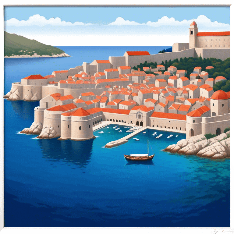 Dubrovnik – Cinematic Realistic Dubrovnik, depicted as a stunning coastal city with red-tiled roofs and ancient stone walls, set against the deep blue Adriatic Sea under warm Mediterranean light, rendered with rich textures that capture its enchanting beauty. emoji