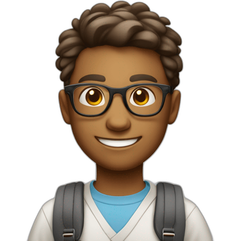 Friendly cartoon character, wearing school uniform or casual clothes, wearing a pair of glasses, smiling broadly, with campus elements in the background such as school bags, playground, etc. emoji