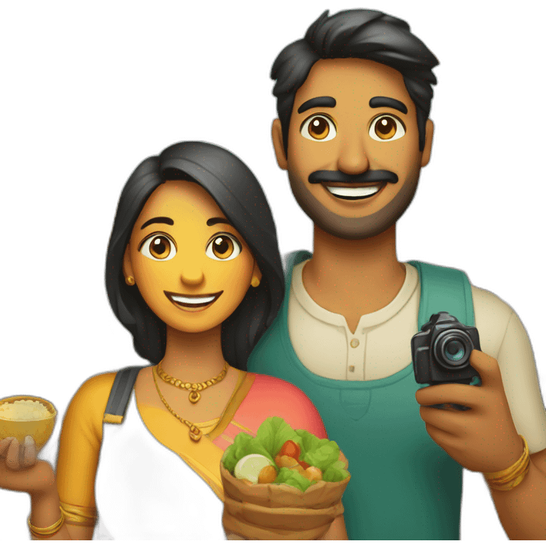 Indian fair modern man and woman with camera in one hand and food in other hand, happy smiling emoji