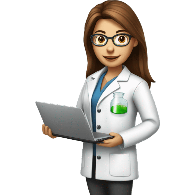 Female scientist with brown straight hair, round glasses, lab coat, holding a beaker and a laptop with a growth chart. Include elements of science and marketing emoji