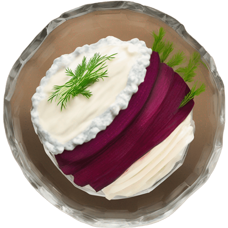 Shuba russian Layered Beet dish  with Herring and mayonnaise in Crystal bowl, dill on top  emoji