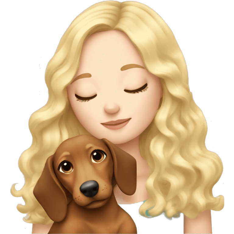 White girl blonde wavy hair closed eyes hugging dachshund emoji