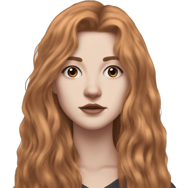 White fair skin, long hair, woman, feminine, straight hair in a wolf haircut, ginger coloured hair, grundge aesthetic, beautiful face, British, stylist, aesthetic, side bangs, front bangs emoji