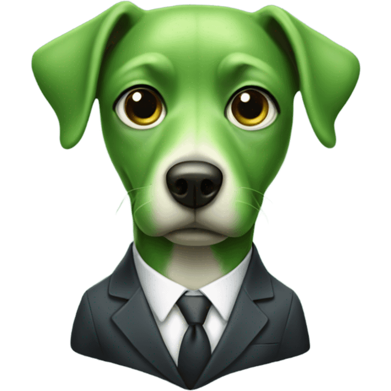 Green dog wearing a suit with big eyes emoji