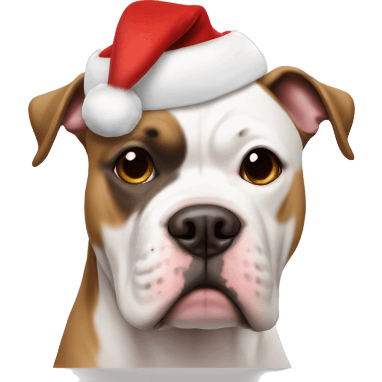 White & brown American bulldog  with a brown circle around left eye with an santa hat on emoji