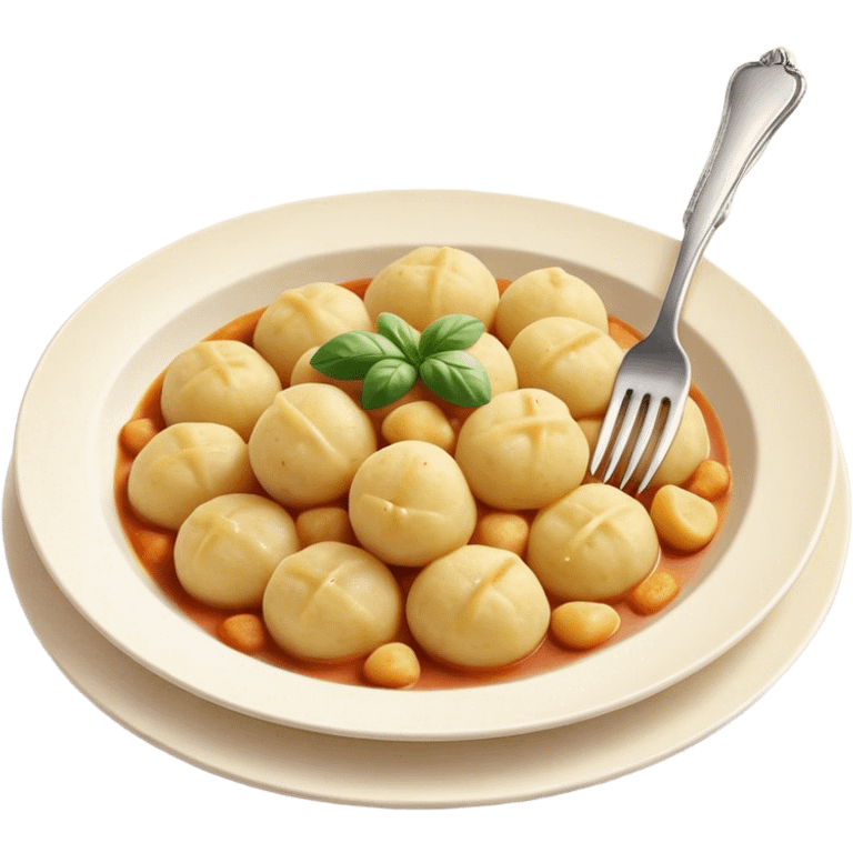 Gnocchi Cinematic Realistic Gnocchi Dish Emoji, depicted as tender potato dumplings garnished with iconic fork marks on top, rendered with soft textures and warm, inviting lighting. emoji