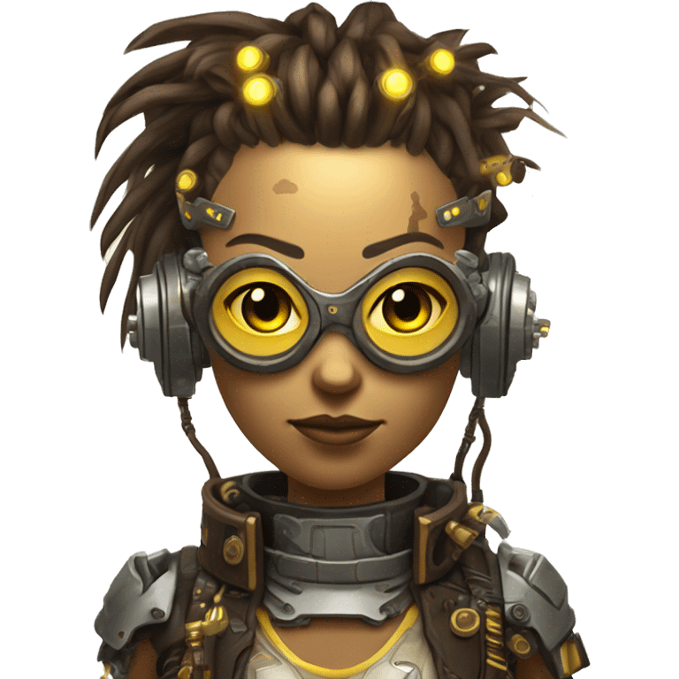 Brown with yellow streaks Mohawk hair female cyborg head, tan skin, steampunk goggles and circuits emoji