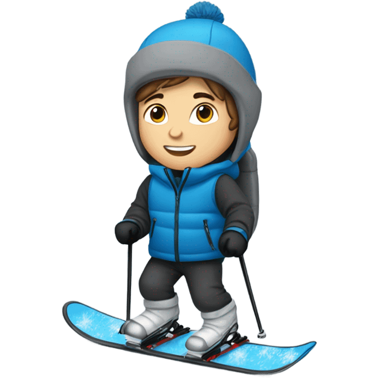 White boy with brown hair skiing on blue skis. Wearing a light gray coat. And a pair of black snow pants.  emoji