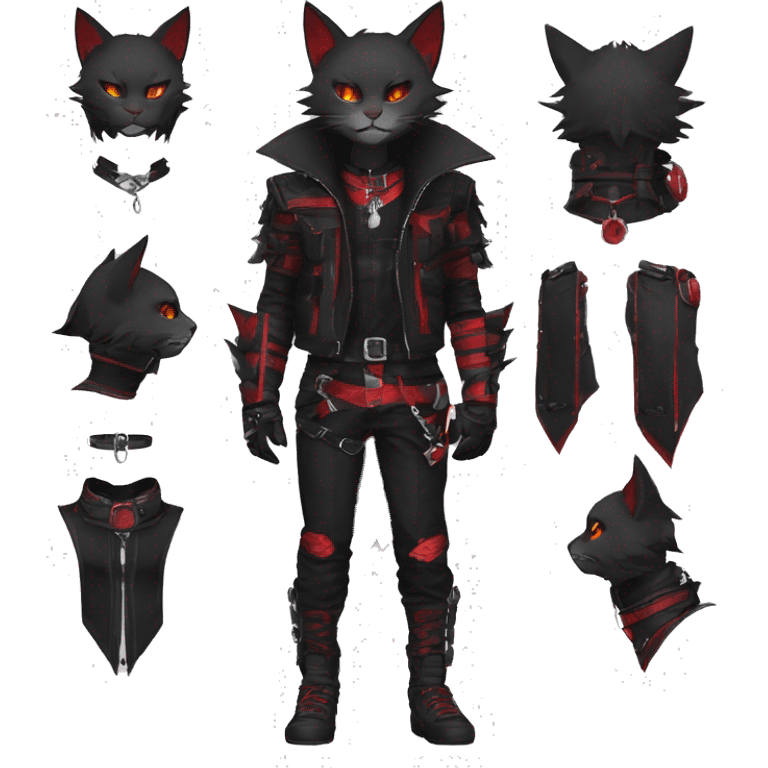 cool edgy elegant beautiful black punk techwear red fantasy nargacuga-bat-cat-Fakemon collar harness warrior full body emoji