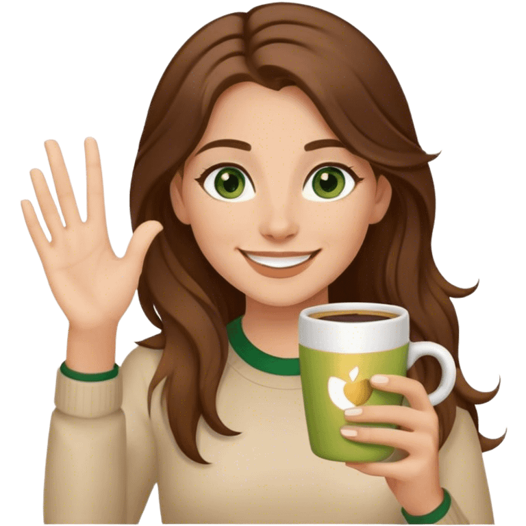 Long, Brown haired girl with middle hair part, green eyes, gold hoop nose ring, smiling, waving with one hand, coffee mug in the other emoji