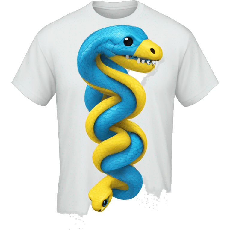  a t-shirt whith a blue python tangled with a yellow python evoking the python programming language logo emoji