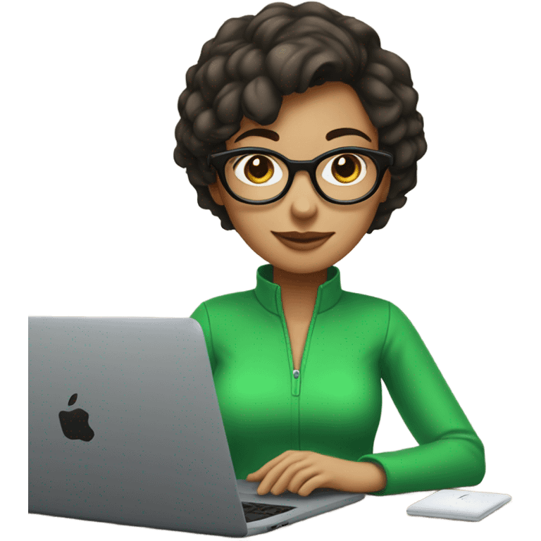 brunette girl with short hair in green clothes that says Kreative Lab and glasses behind laptop  emoji