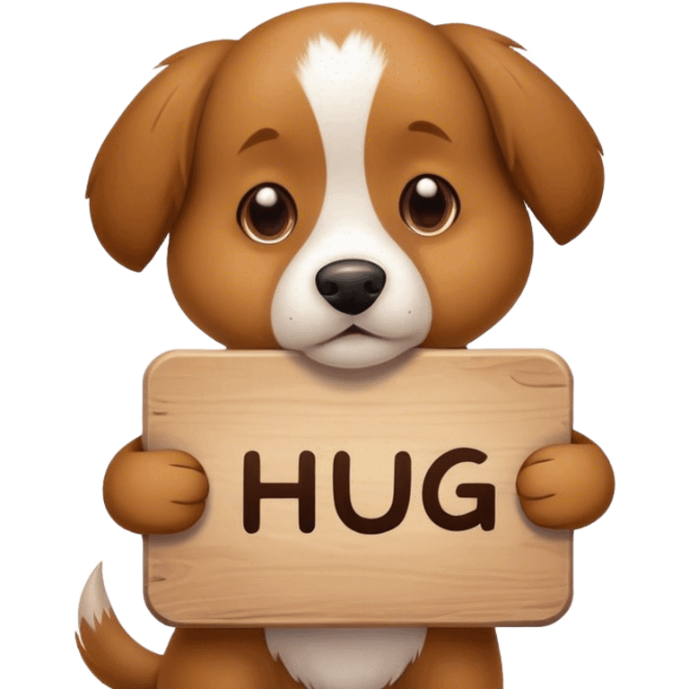 Dog wearing a sign saying hug me emoji